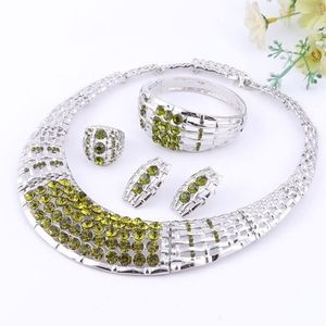 Silver plated green crystal Necklace earrings bracelet ring set